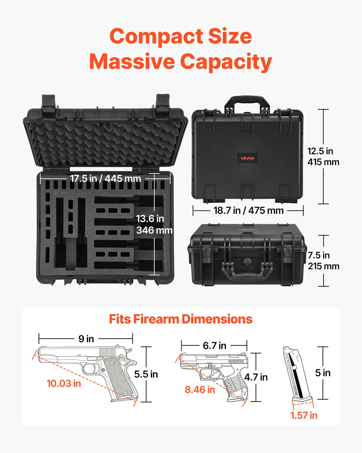 VEVOR Hard Pistol Case, Heavy Duty Hard Gun Case with XPE Foam Interior, Waterproof Pistol Storage Box with Customizable Lining & Handle for Gun, Lenses, Camera, Gear, TSA Compliant, 475x415x215 mm