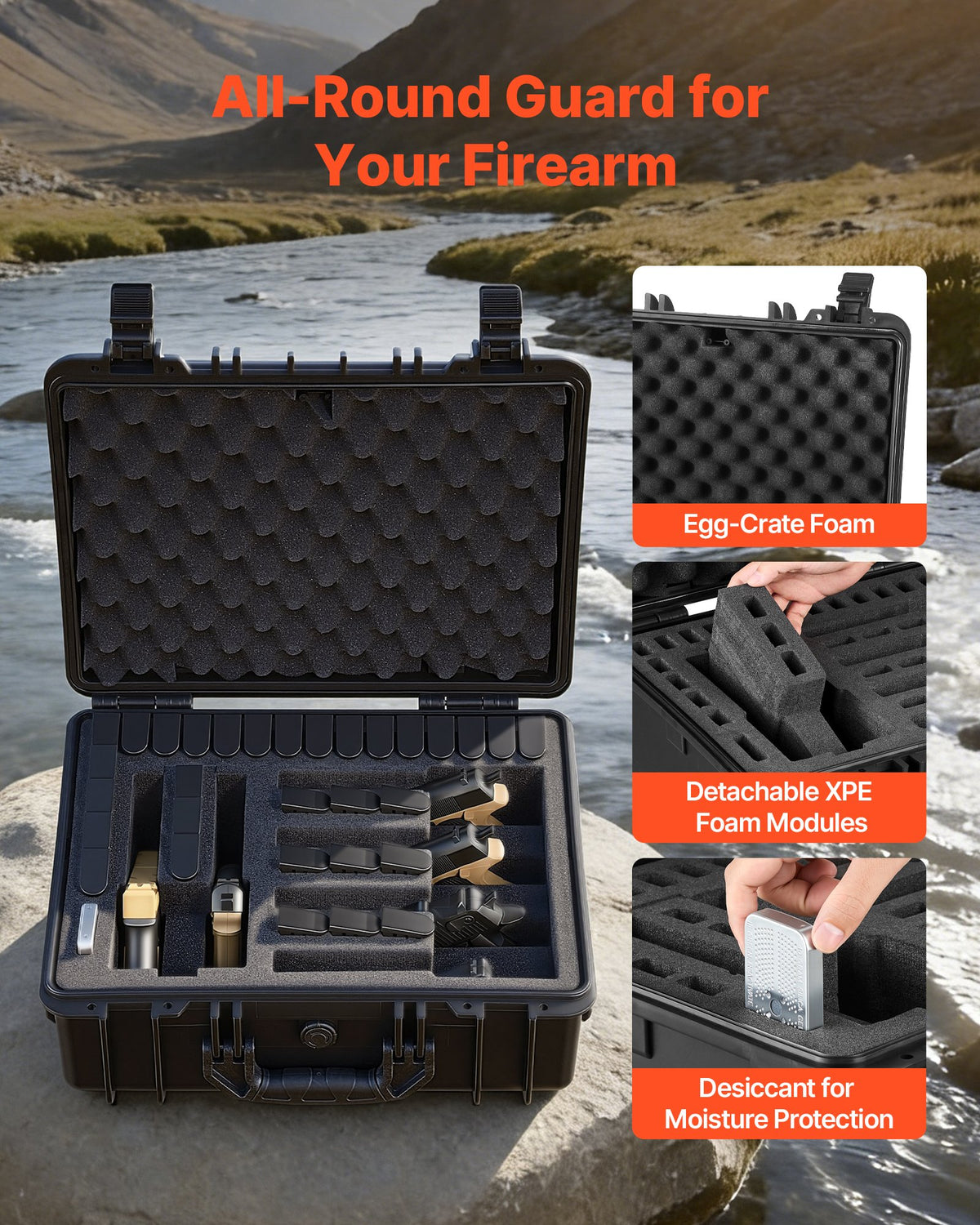 VEVOR Hard Pistol Case, Heavy Duty Hard Gun Case with XPE Foam Interior, Waterproof Pistol Storage Box with Customizable Lining & Handle for Gun, Lenses, Camera, Gear, TSA Compliant, 475x415x215 mm
