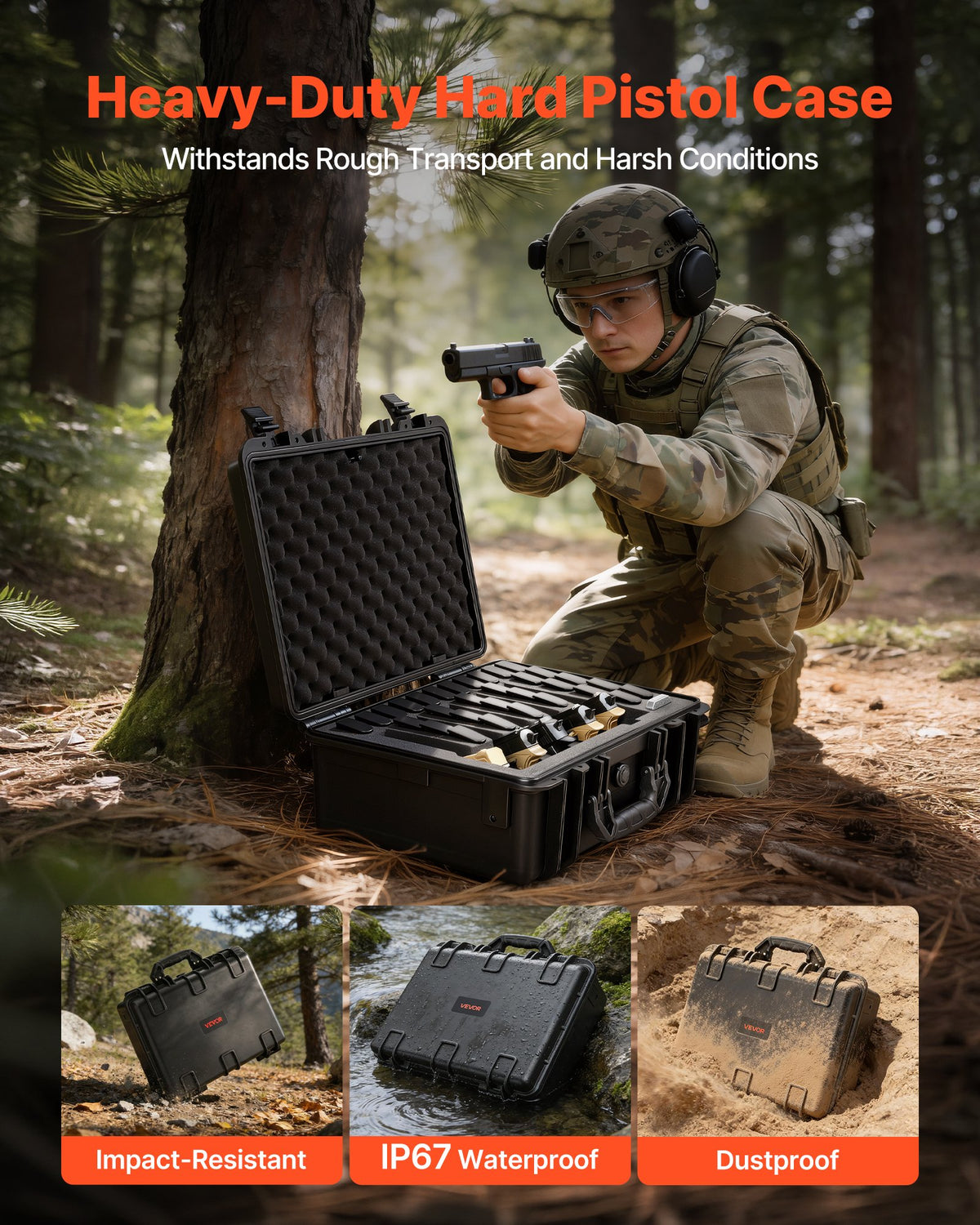 VEVOR Hard Pistol Case, Heavy Duty Hard Gun Case with XPE Foam Lining, Waterproof Pistol Storage Box with Customizable Interior & Handle for Gun, Lenses, Camera, Gear, TSA Compliant, 475x415x215 mm