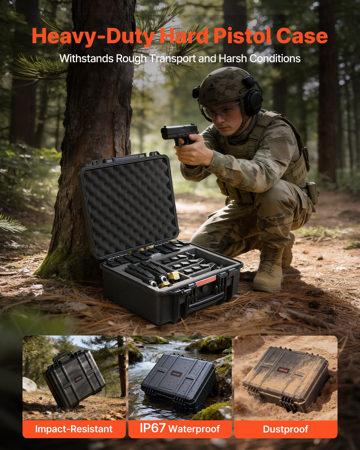 VEVOR Hard Pistol Case, Heavy Duty Hard Gun Case with XPE Foam Lining, Waterproof Pistol Storage Box with Customizable Interior & Handle for Gun, Lenses, Camera, Gear, TSA Compliant, 491x434x211 mm