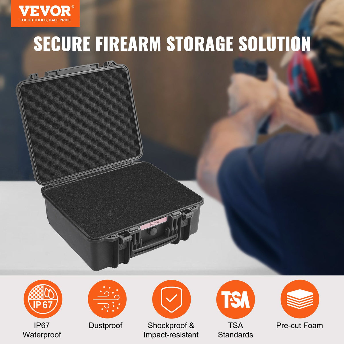 VEVOR Hard Pistol Cases with Pre-cut PU Foam, Waterproof & Dustproof Hard Gun Case for 6 Pistol, 19.3×17.1×8.3 in Lockable Pistol Case, Black