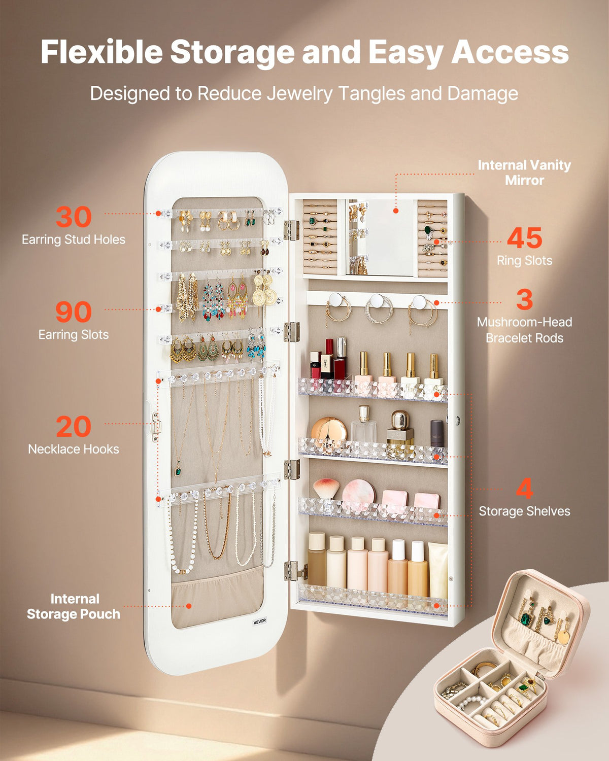 VEVOR Mirror Jewelry Cabinet, 1080 mm Tall, Full-Length Mirror with Storage, Wall Mount/Over the Door Jewelry Armoire Organizer, Rounded Design, Lockable with 2 Keys and a Travel Organizer, White