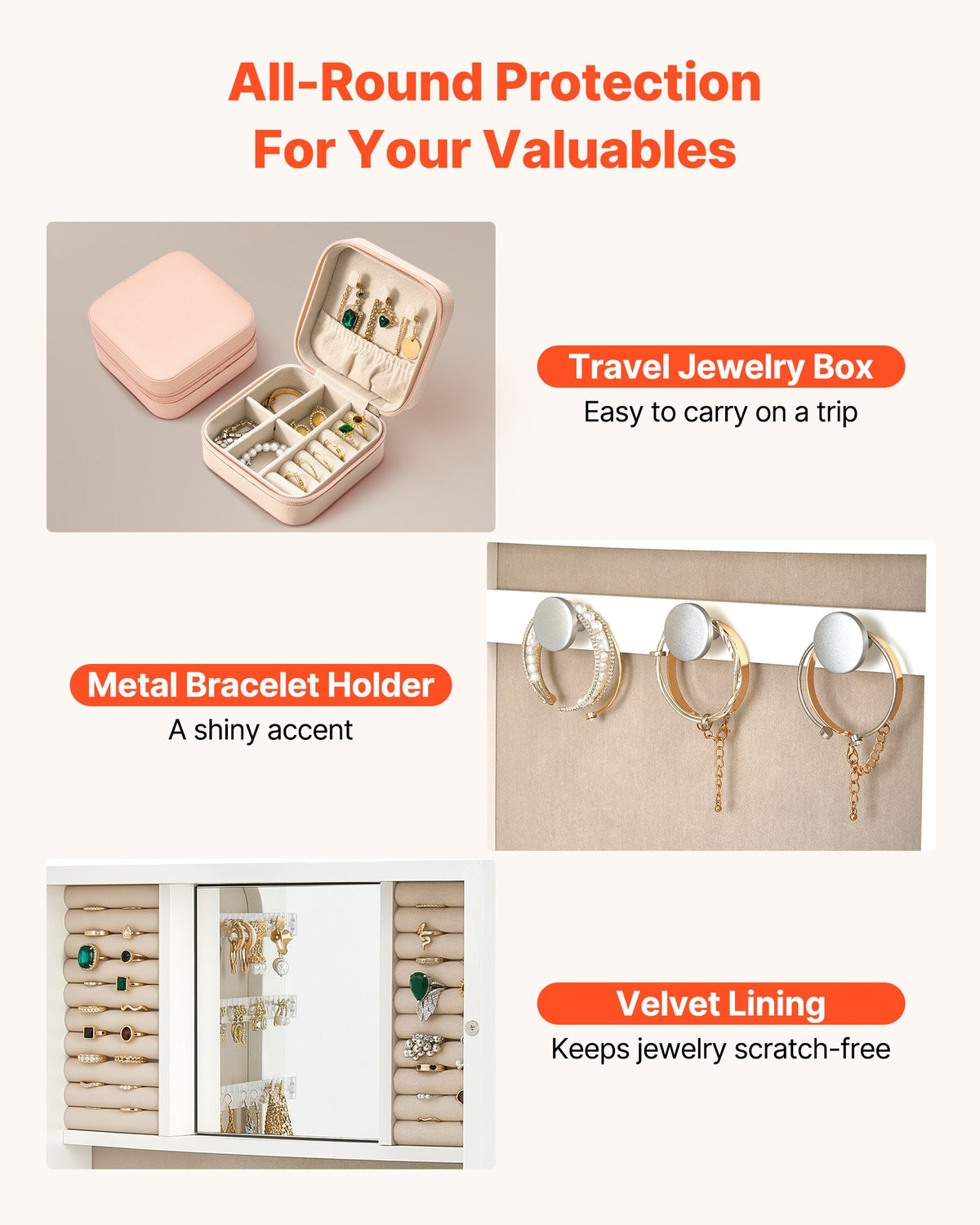 VEVOR Mirror Jewelry Cabinet, 1080 mm Tall, Full-Length Mirror with Storage, Wall Mount/Over the Door Jewelry Armoire Organizer, Rounded Design, Lockable with 2 Keys and a Travel Organizer, White