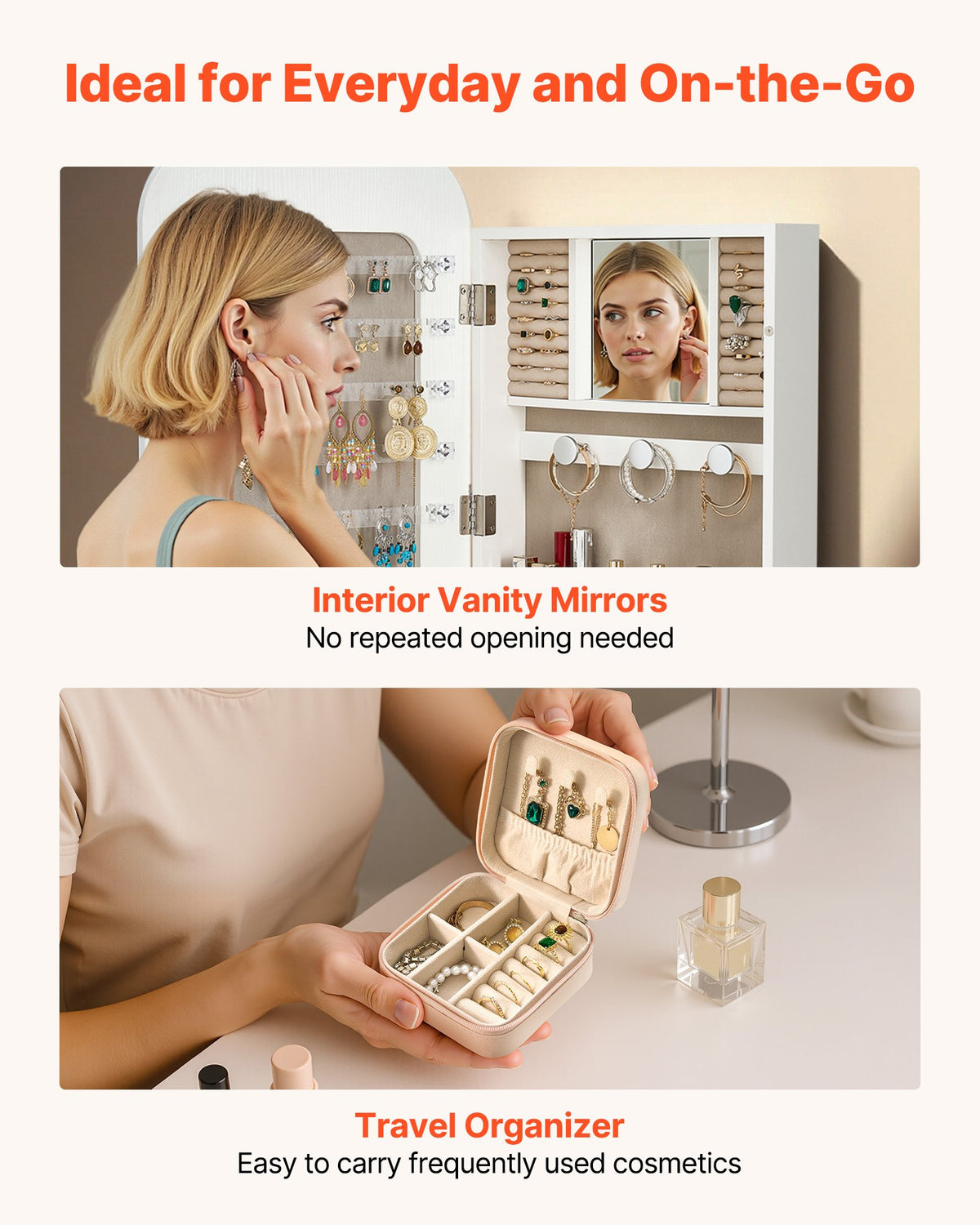 VEVOR Mirror Jewelry Cabinet, 1080 mm Tall, Full-Length Mirror with Storage, Wall Mount/Over the Door Jewelry Armoire Organizer, Rounded Design, Lockable with 2 Keys and a Travel Organizer, White
