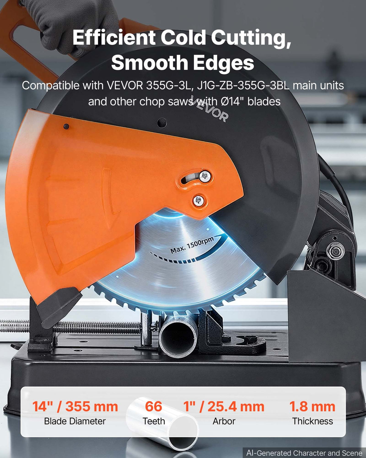 VEVOR Chop Saw Blade 355.6mm 66 Teeth Cermet-Tipped Metal Cold Cutting Blade, Compatible with Chop Saws, 4000 Cuts, Cutting Smooth Surfaces with No Burrs, Noise Reduction and Heat Dissipation Holes