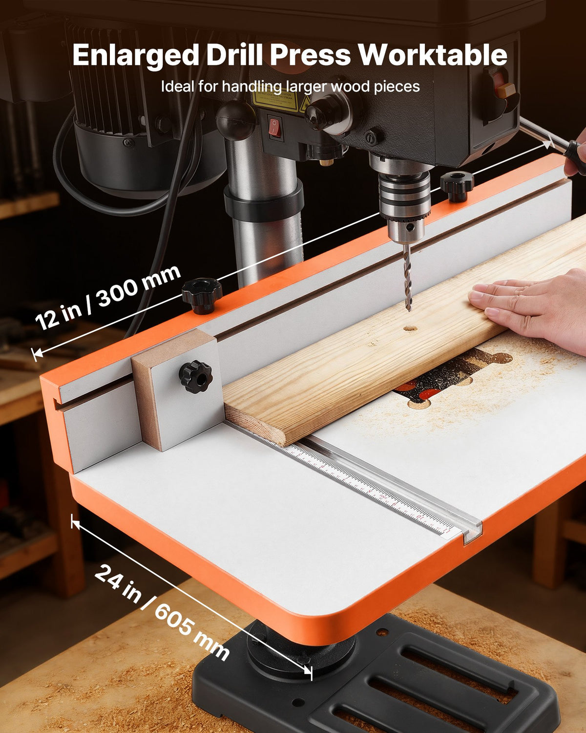 VEVOR Drill Press Table, 605 x 300 mm, Worktable with an Adjustable Fence and Stop Block, Highly Compatible T-Slots, MDF Tabletop, Built-In Scale, Support Multiple Clamps and Vises, for Drill Presses