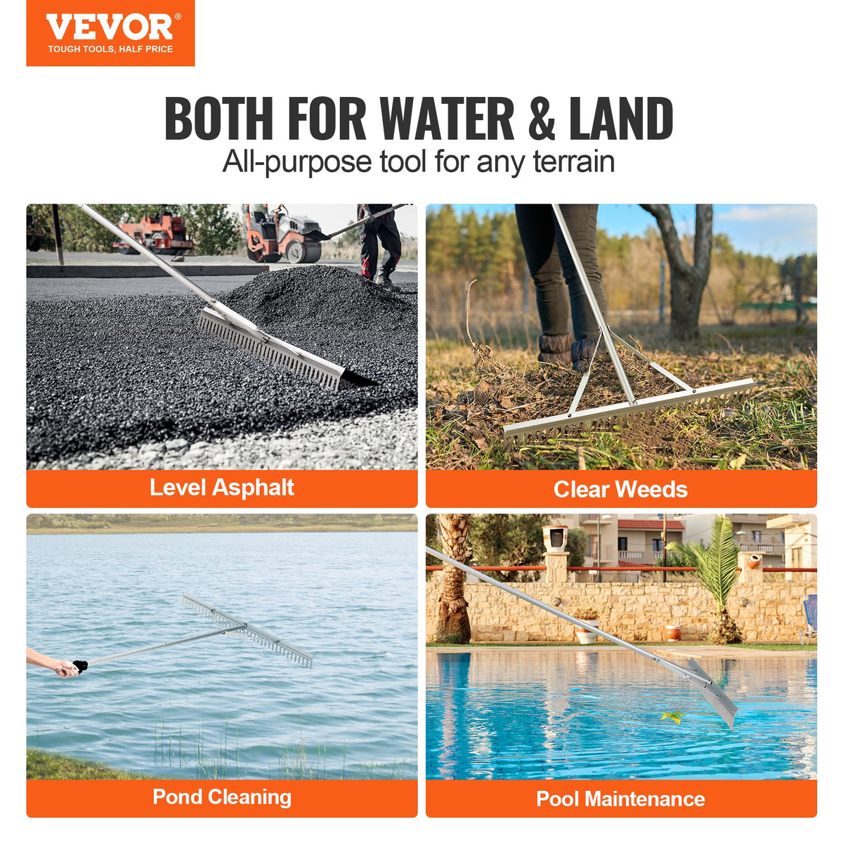 VEVOR Landscape Rake, 915mm Head Aluminum Landscape Rake, Lake Weed Rake with 1915mm Long Handle, for Loosening Soil, Lawn Care, Weeding Lake, Garden, Pond
