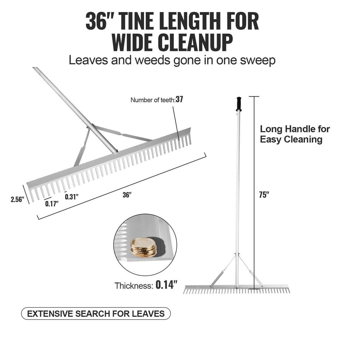 VEVOR Landscape Rake, 915mm Head Aluminum Landscape Rake, Lake Weed Rake with 1915mm Long Handle, for Loosening Soil, Lawn Care, Weeding Lake, Garden, Pond