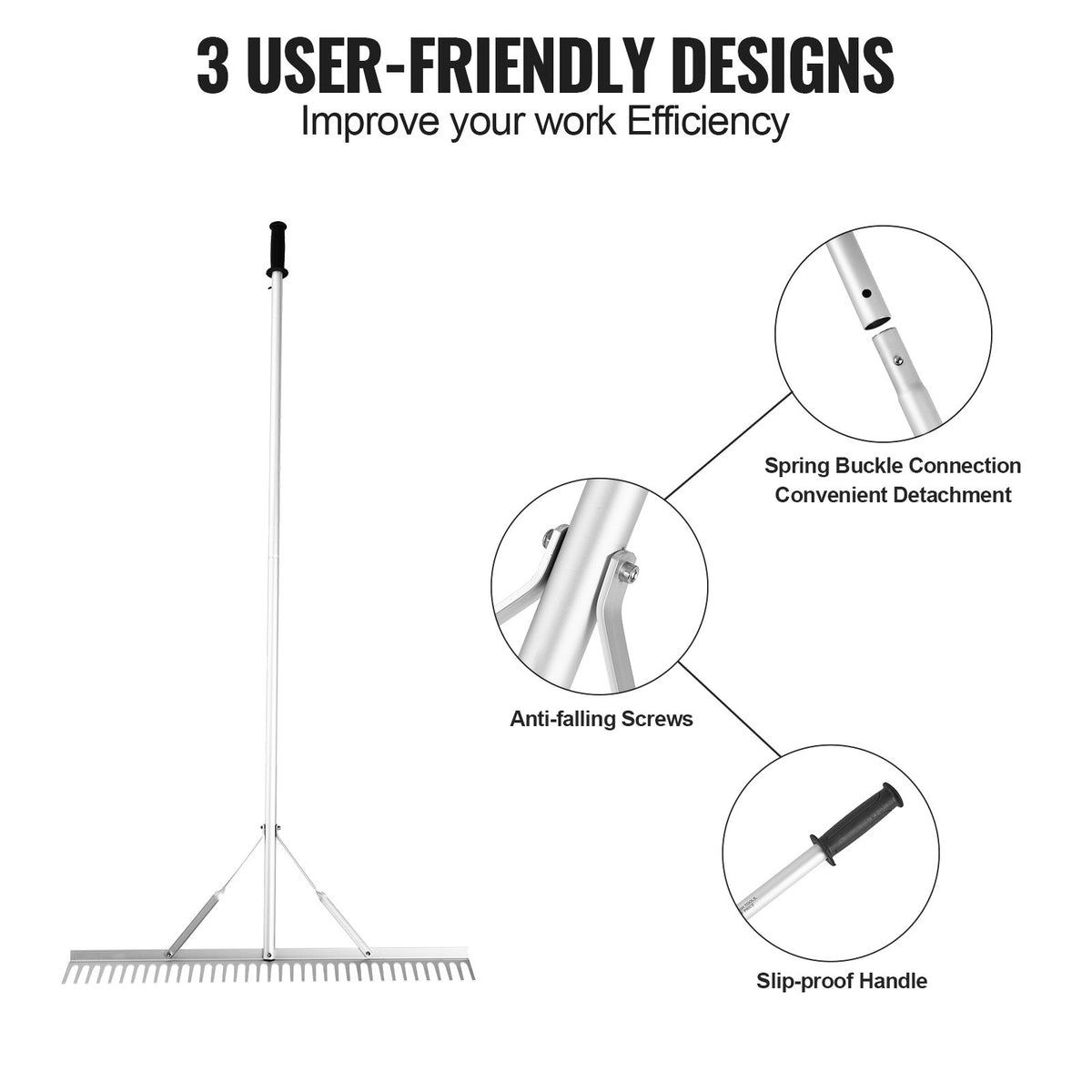 VEVOR Landscape Rake, 915mm Head Aluminum Landscape Rake, Lake Weed Rake with 1915mm Long Handle, for Loosening Soil, Lawn Care, Weeding Lake, Garden, Pond
