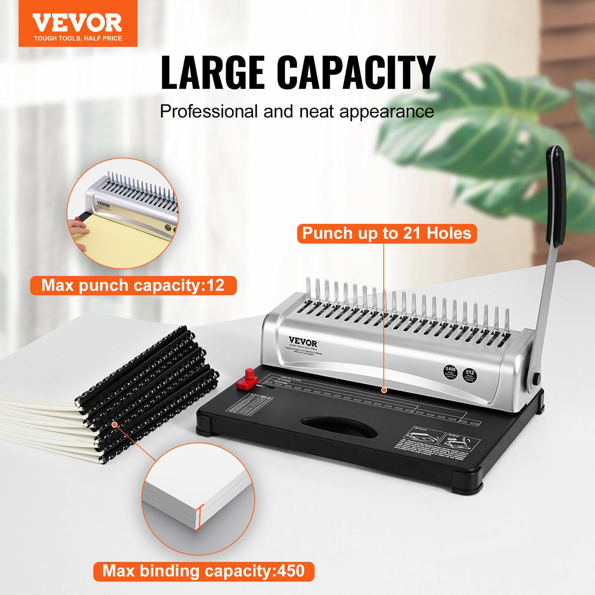 VEVOR Binding Machine, Comb Binding Machine 21-Holes Binding 450 Sheets, Book Binder Machine with 100 PCS 9.53 mm Comb Binding Spines, for Letter Size, A4, A5