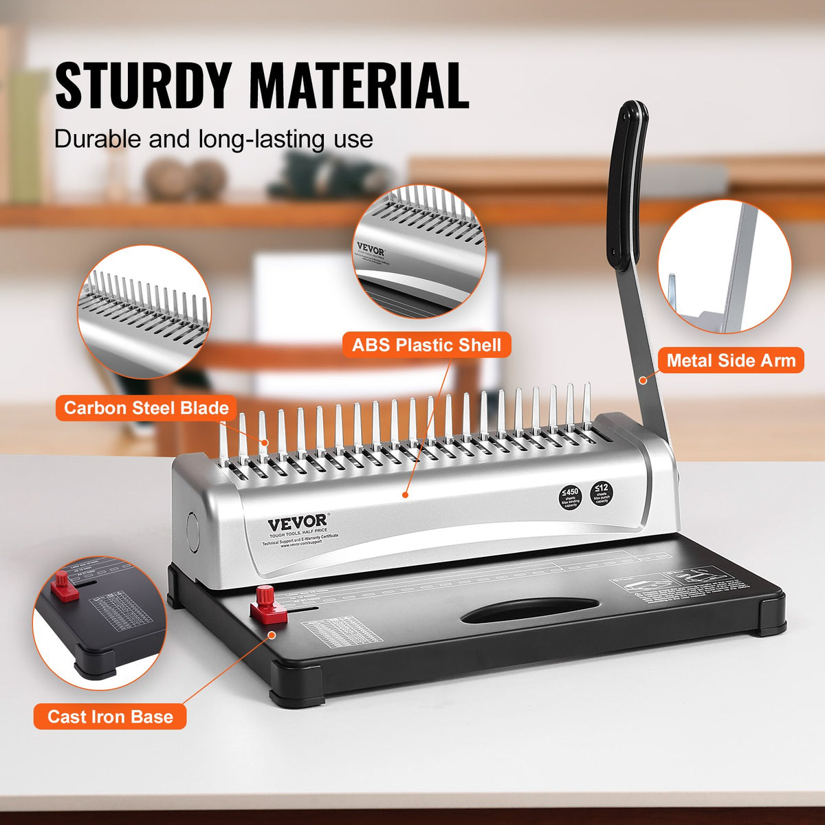 VEVOR Binding Machine, Comb Binding Machine 21-Holes Binding 450 Sheets, Book Binder Machine with 100 PCS 9.53 mm Comb Binding Spines, for Letter Size, A4, A5