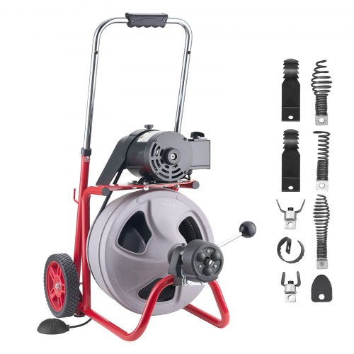 VEVOR Drain Cleaner Machine 22m x 9.5mm, Auto Feed Sewer Snake Drain Auger on Wheels, Portable Drain Cleaning Machine with 8 Cutters & Air-Activated Foot Switch for 50mm to 100mm Pipes