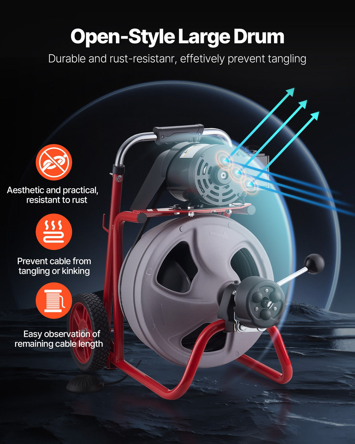VEVOR Drain Cleaner Machine 22m x 9.5mm, Auto Feed Sewer Snake Drain Auger on Wheels, Portable Drain Cleaning Machine with 8 Cutters & Air-Activated Foot Switch for 50mm to 100mm Pipes
