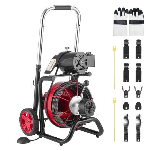 VEVOR Drain Cleaner Machine 30m x 10.5mm, Auto Feed Sewer Snake Auger on Wheels - with 8 Cutters & Air-Activated Foot Switch for 50mm to 100mm Pipes