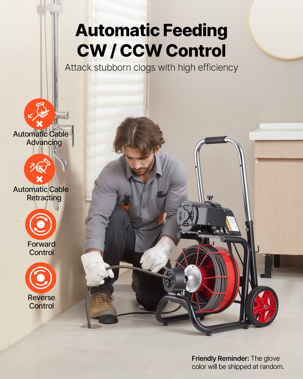 VEVOR Drain Cleaner Machine 30m x 10.5mm, Auto Feed Sewer Snake Auger on Wheels - with 8 Cutters & Air-Activated Foot Switch for 50mm to 100mm Pipes