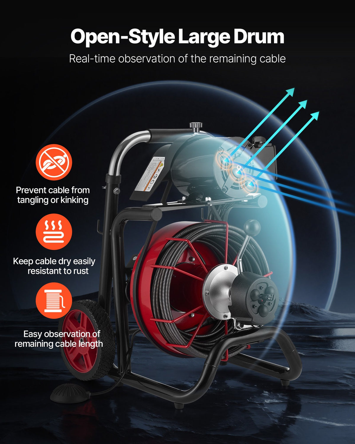 VEVOR Drain Cleaner Machine 30m x 10.5mm, Auto Feed Sewer Snake Auger on Wheels - with 8 Cutters & Air-Activated Foot Switch for 50mm to 100mm Pipes