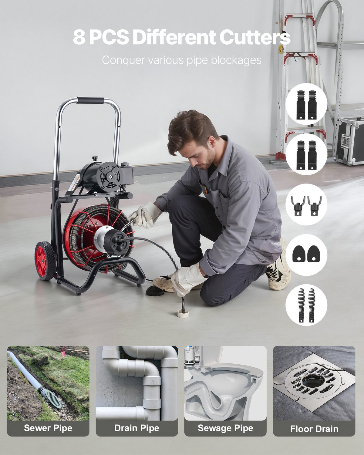 VEVOR Drain Cleaner Machine 30m x 13mm, Auto Feed Sewer Snake Auger on Wheels - with 8 Cutters & Air-Activated Foot Switch for 50mm to 150mm Pipes
