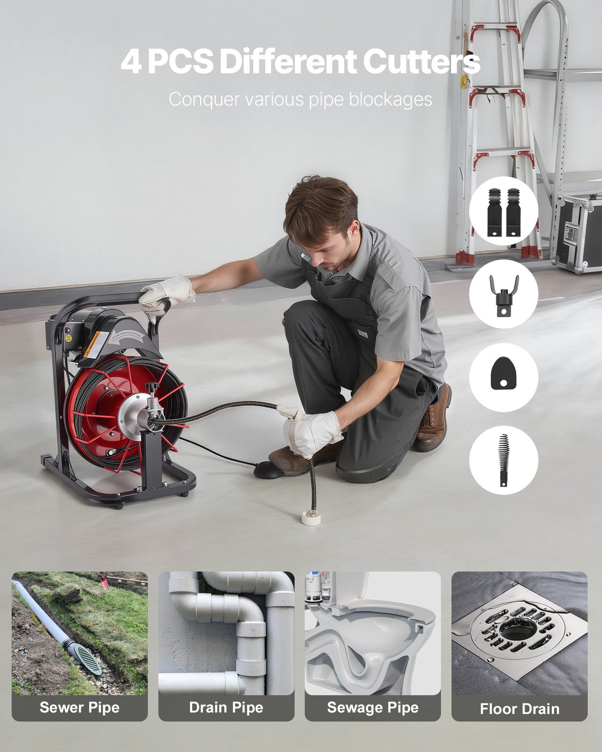 VEVOR Drain Cleaner Machine 15m x 8mm, Auto Feed Sewer Snake Auger with 4 Cutters & Air-activated Foot Switch for 50mm to 100mm Pipes