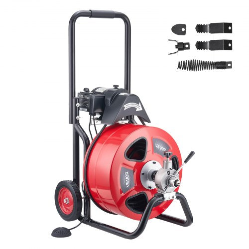 VEVOR Drain Cleaner Machine 30m x 19mm, Auto Feed Sewer Snake Auger on Wheels, Portable Drain Cleaning Machine with 4 Cutters & Air-activated Foot Switch for 100mm to 200mm Pipes