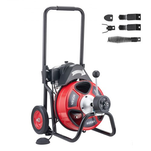 VEVOR Drain Cleaner Machine 30m x 9.5mm, Auto Feed Sewer Snake Auger on Wheels, Portable Drain Cleaning Machine with 4 Cutters & Air-activated Foot Switch for 50mm to 100mm Pipes