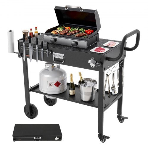 VEVOR Outdoor Grill Cart, 31.0 x 17.0 inch Tabletop Size Grilling Table, Foldable Outdoor Cooking Table with Tissue Holder, Wheels, Magnetic Tool Rack, BBQ Prep Tables for Picnic, Kitchen, Courtyard