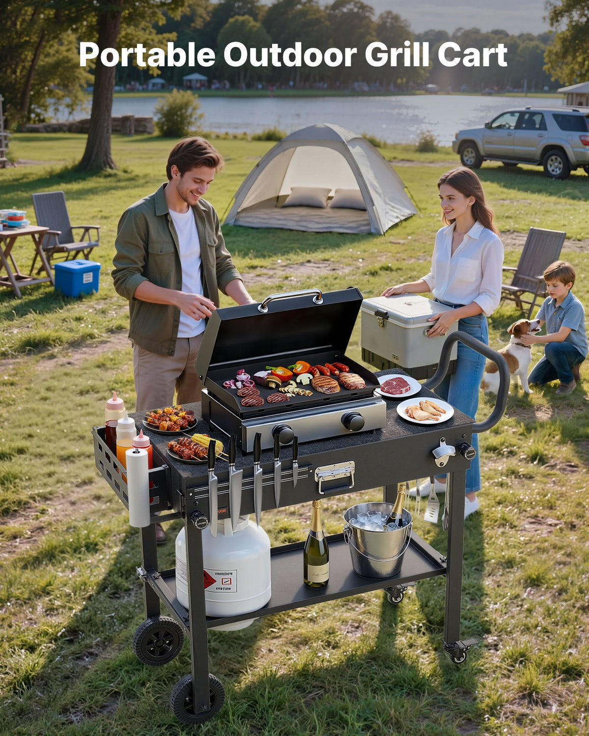 VEVOR Outdoor Grill Cart, 31.0 x 17.0 inch Tabletop Size Grilling Table, Foldable Outdoor Cooking Table with Tissue Holder, Wheels, Magnetic Tool Rack, BBQ Prep Tables for Picnic, Kitchen, Courtyard