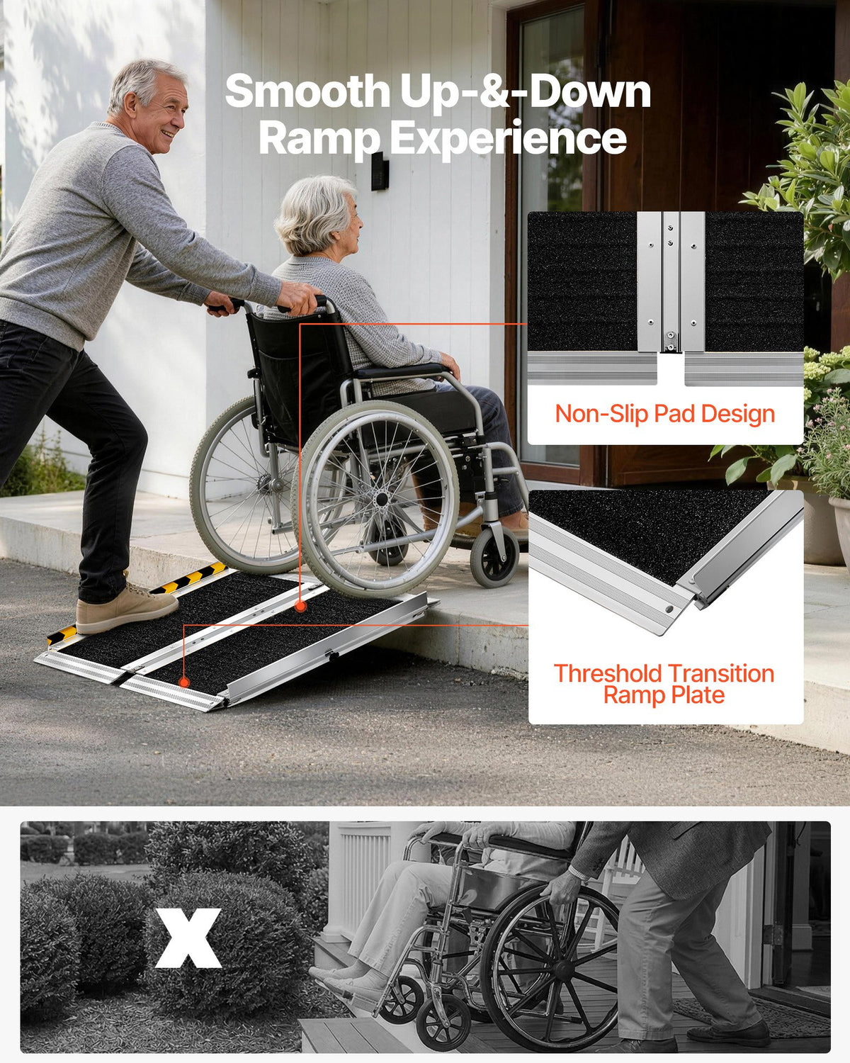 VEVOR Portable Wheelchair Ramp, 610 mm, Non-Slip Aluminum Folding Handicap Ramp for Wheelchair, 800 lbs Capacity, Door Threshold Ramps for Home Steps, Stairs, Entry, Threshold, Doorways, Scooter, Curb