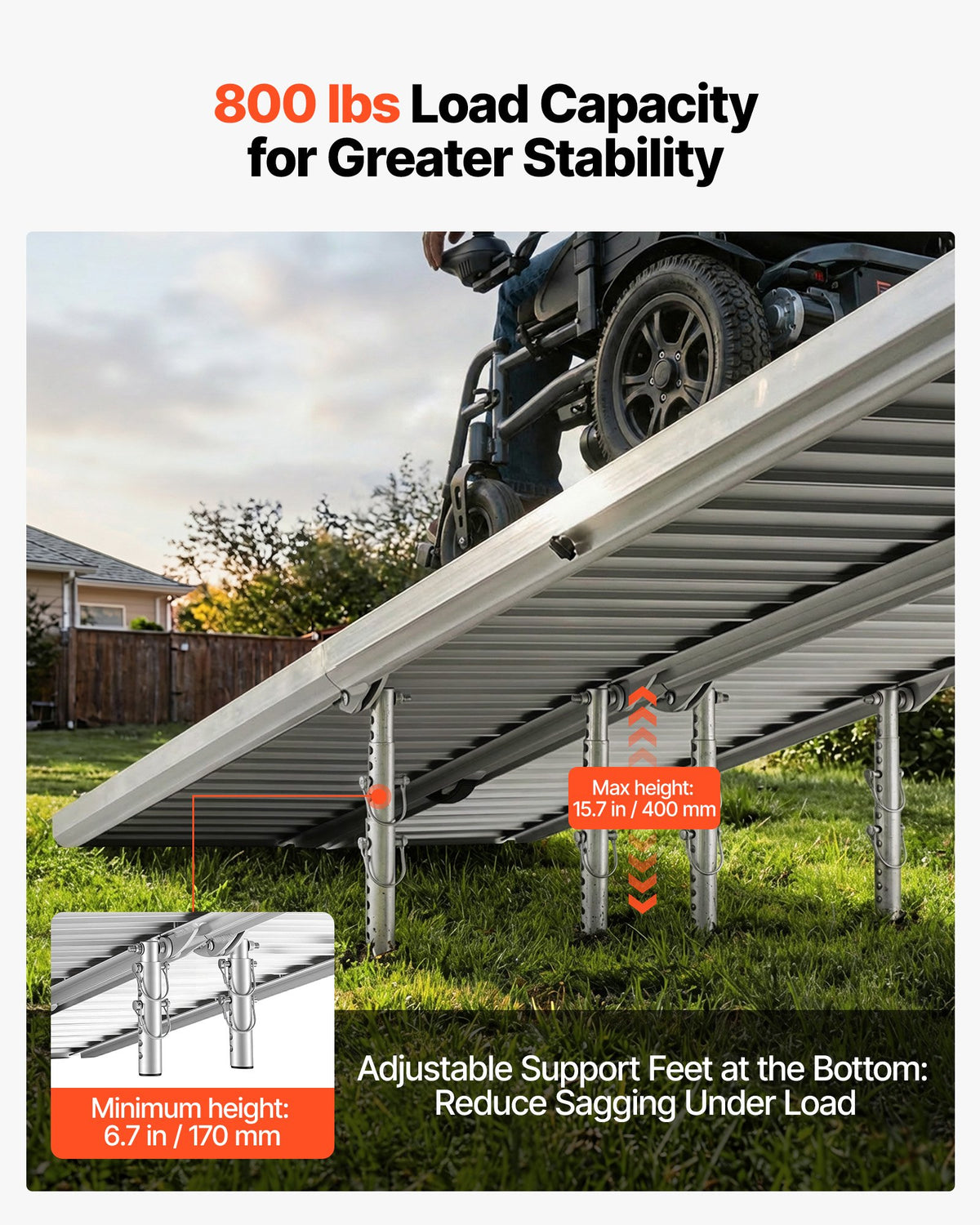VEVOR Portable Wheelchair Ramp, 2440 mm, Non-Slip Aluminum Folding Handicap Ramp for Wheelchair, 800 lbs Capacity, Door Threshold Ramps for Home Steps, Stairs, Entry, Threshold, Doorways, Scooter