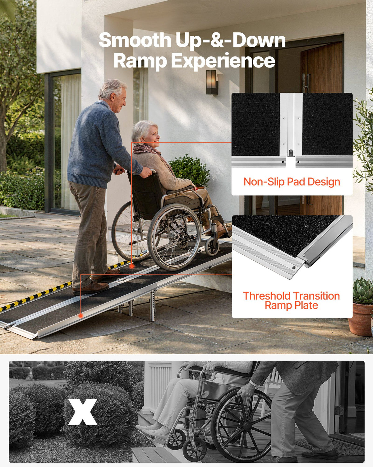 VEVOR Portable Wheelchair Ramp, 2440 mm, Non-Slip Aluminum Folding Handicap Ramp for Wheelchair, 800 lbs Capacity, Door Threshold Ramps for Home Steps, Stairs, Entry, Threshold, Doorways, Scooter