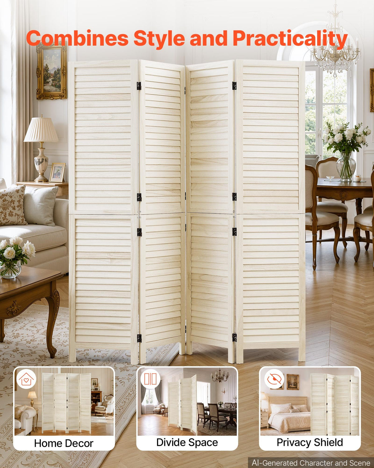 VEVOR Wood Room Divider 4 Panels 1702mm Tall Wood Folding Privacy Screen, For Room Separation & Home Decor, Solid Frame, 360° Two-Way Hinges, Easy Assembly, Louvered Wooden Partition with Hardware