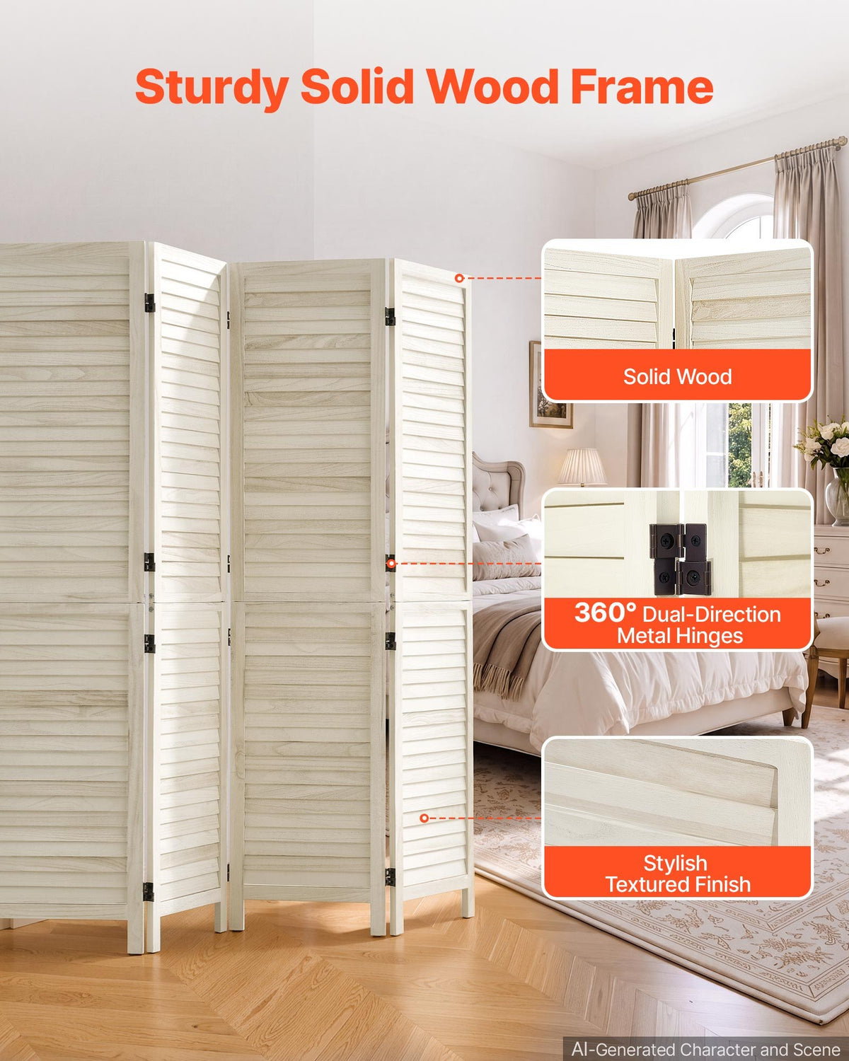 VEVOR Wood Room Divider 4 Panels 1702mm Tall Wood Folding Privacy Screen, For Room Separation & Home Decor, Solid Frame, 360° Two-Way Hinges, Easy Assembly, Louvered Wooden Partition with Hardware