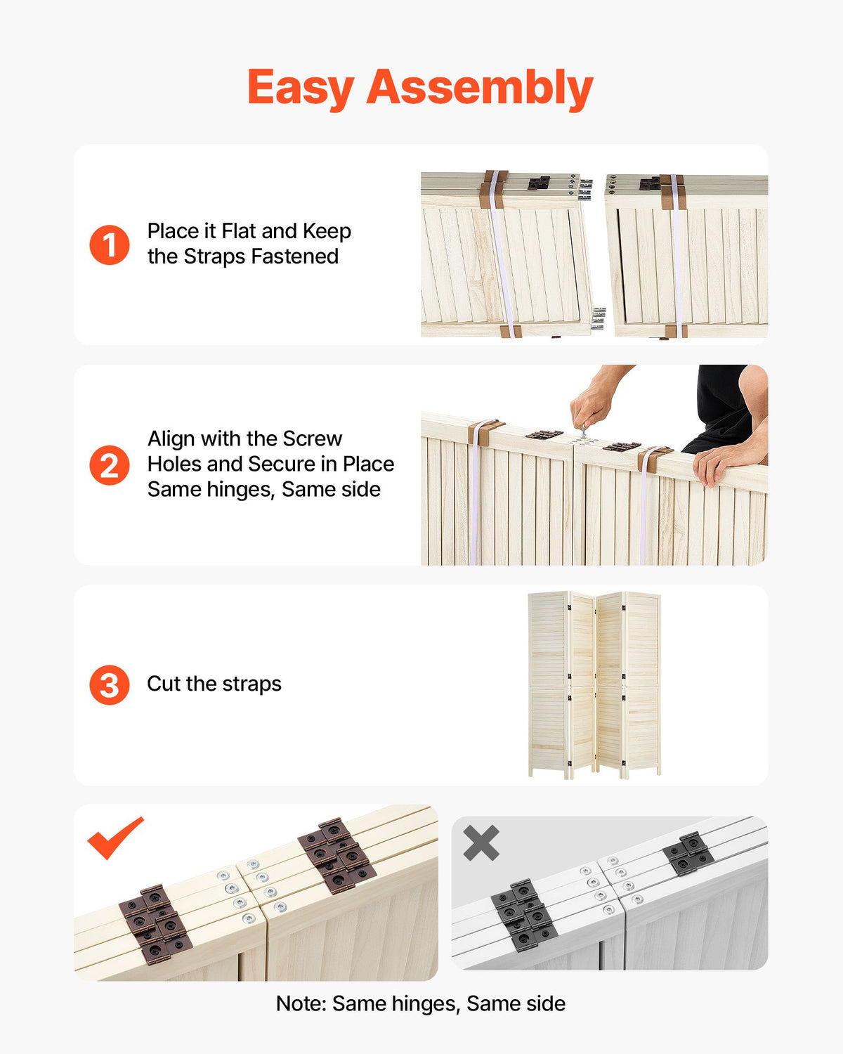 VEVOR Wood Room Divider 4 Panels 1702mm Tall Wood Folding Privacy Screen, For Room Separation & Home Decor, Solid Frame, 360° Two-Way Hinges, Easy Assembly, Louvered Wooden Partition with Hardware