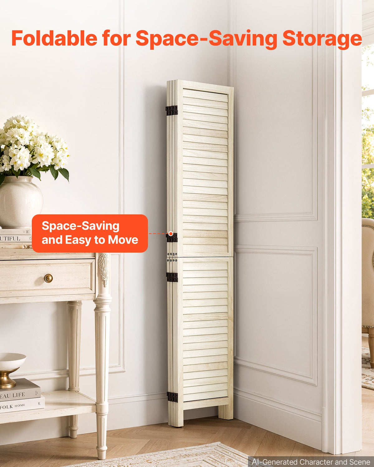 VEVOR Wood Room Divider 4 Panels 1702mm Tall Wood Folding Privacy Screen, For Room Separation & Home Decor, Solid Frame, 360° Two-Way Hinges, Easy Assembly, Louvered Wooden Partition with Hardware