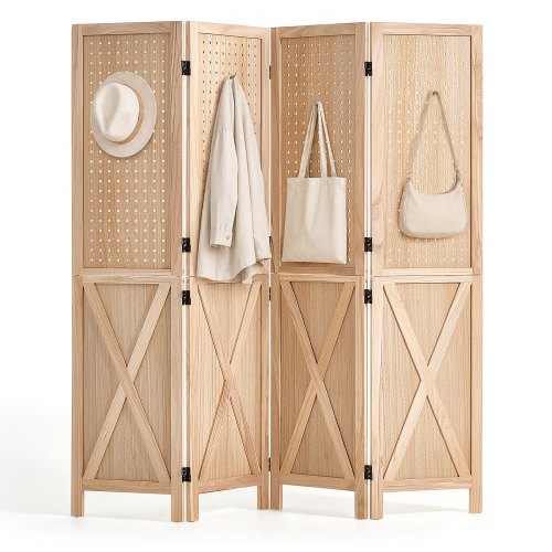 VEVOR Wood Room Divider 4 Panels 1520mm Pegboard Wood Folding Privacy Screen, For Room Separation & Home Decor, Solid Frame with X Pattern, 360° Two-Way Hinges, Rustic Wooden Partition with Hardware