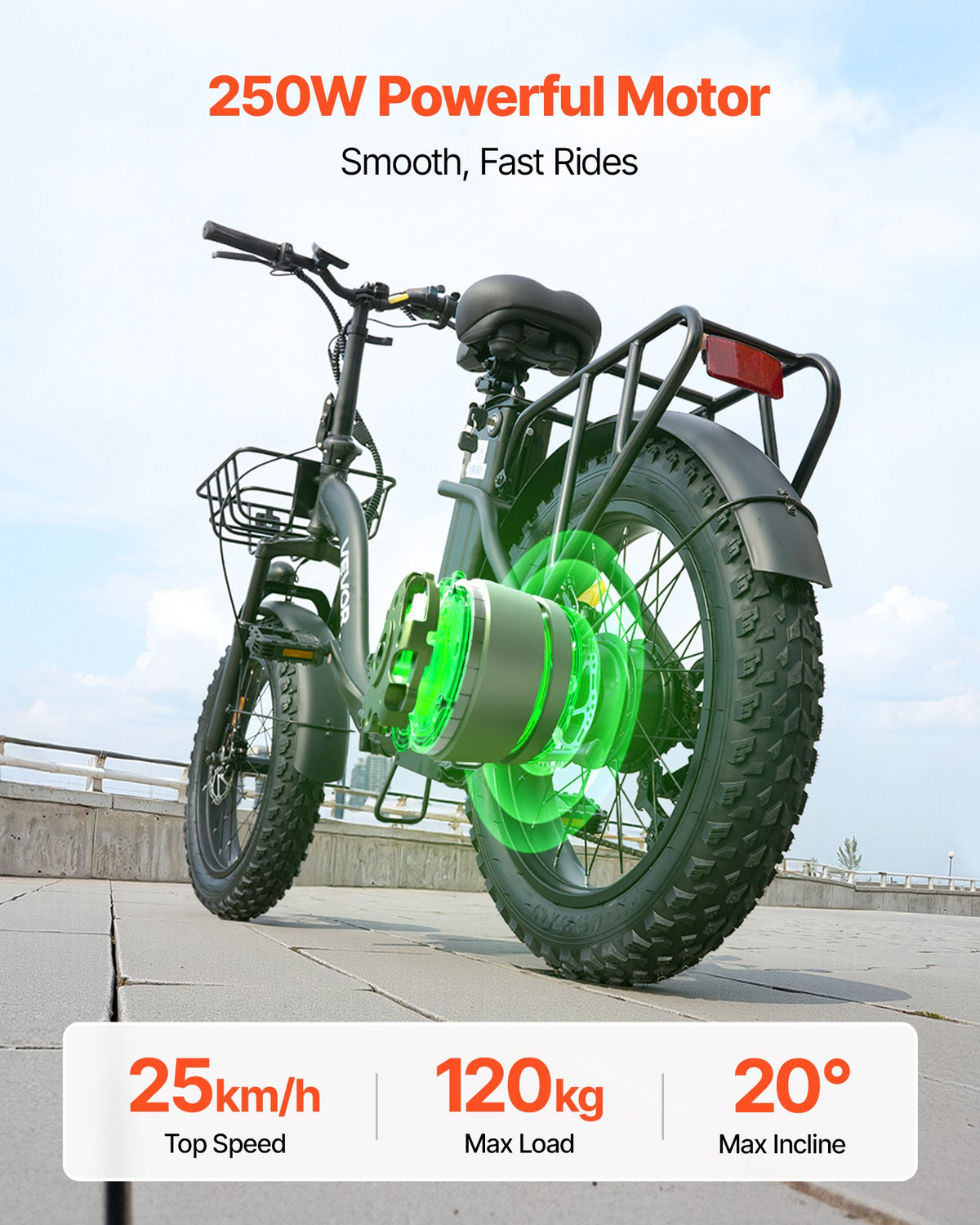 VEVOR Electric Bike, 250W Folding Electric Bicycle for Adults with 25Ah Large Removable Battery, 36V 25 km/h Brushless Motor, Up to 70 km Max Range, Pneumatic Fat Tire 7-Speed Gear Ebike for Commute
