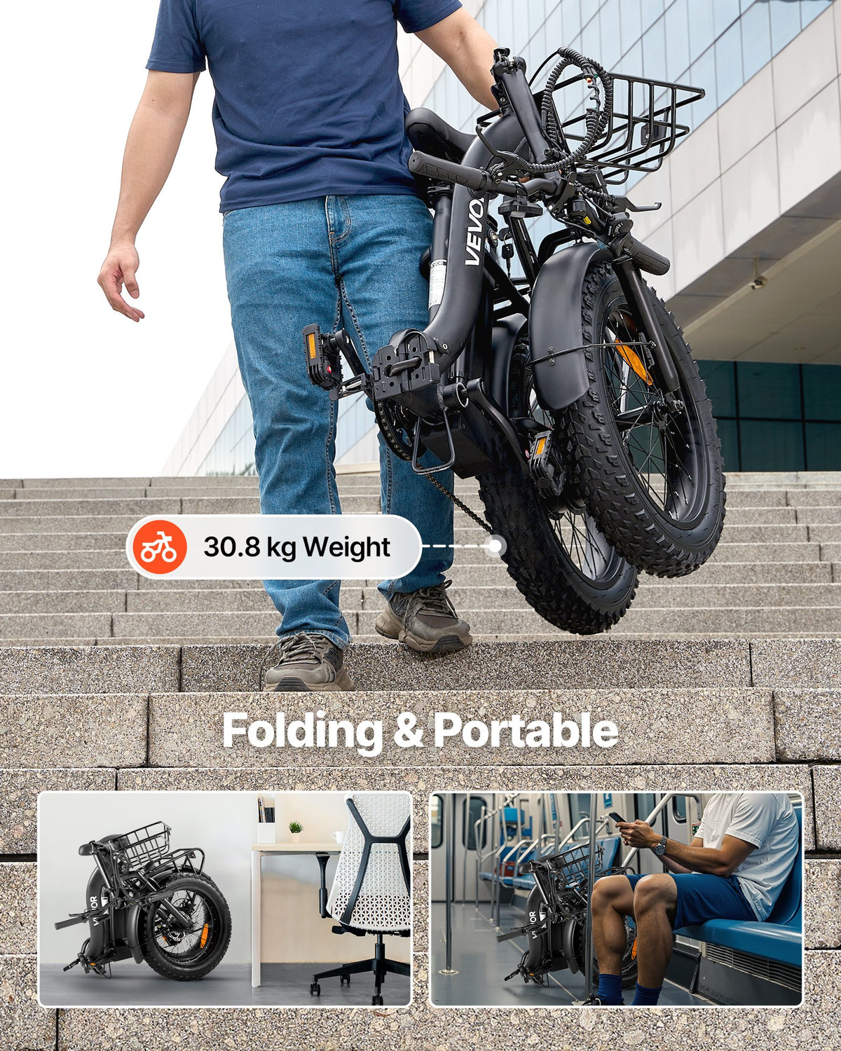 VEVOR Electric Bike, 250W Folding Electric Bicycle for Adults with 25Ah Large Removable Battery, 36V 25 km/h Brushless Motor, Up to 70 km Max Range, Pneumatic Fat Tire 7-Speed Gear Ebike for Commute