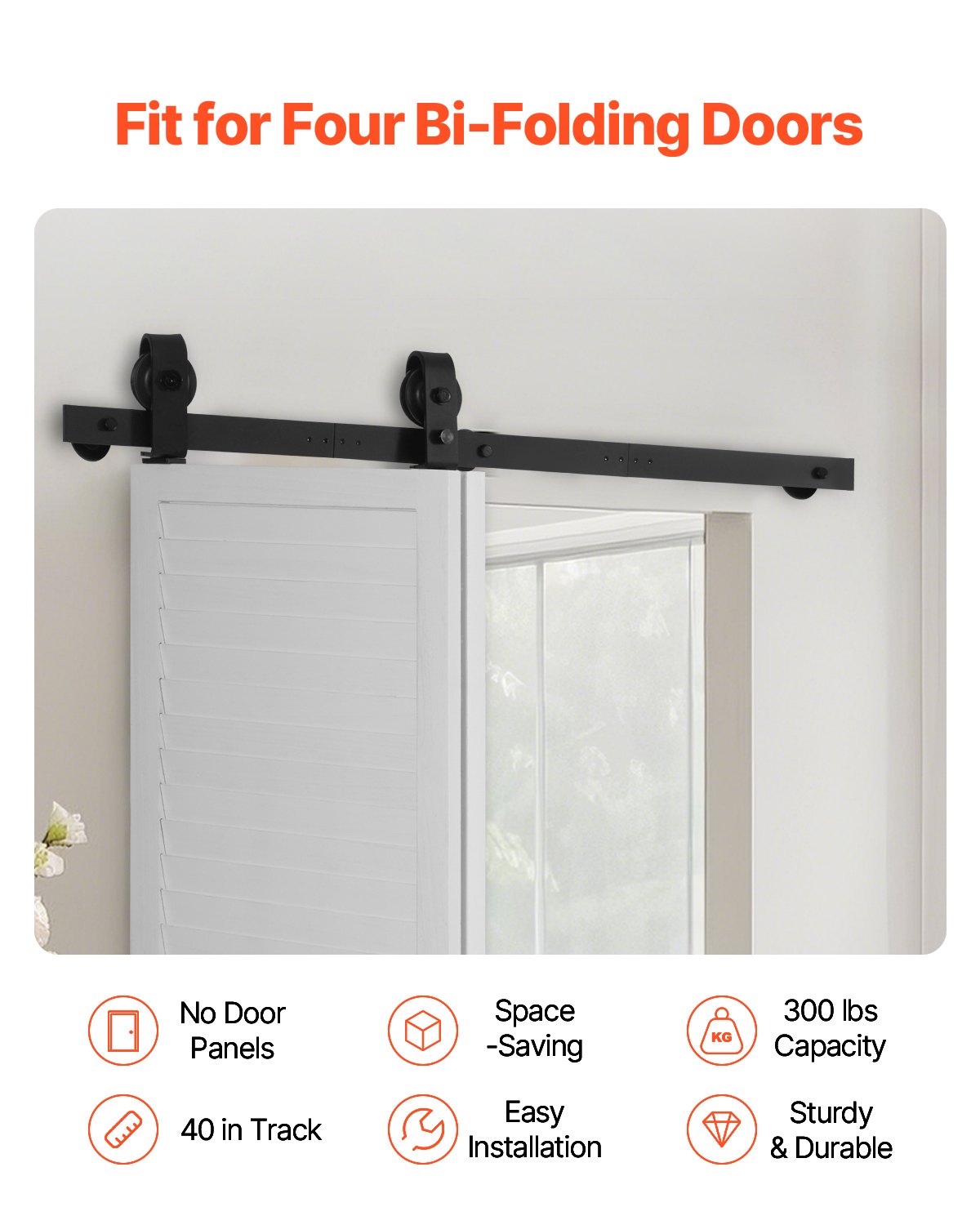 VEVOR Bi-Folding Sliding Barn Door Hardware Track Kit, 40" Top Mount Track Kit, Slide Smoothly & Quietly, Heavy Duty, Easy to Install, Suitable for Two 18" Closet Pantry Laundry Doors (Not Included)