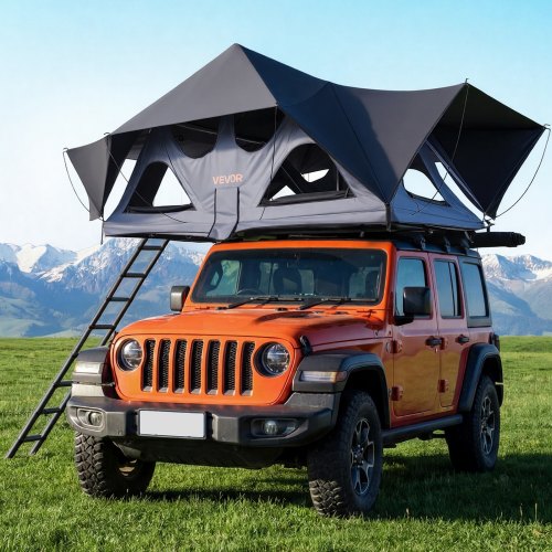 VEVOR Rooftop Tent, 2-3 Person Foldable Aluminum Roof Top Tent with Tri-Color LED Light, Thick Mattress & 10 Windows, Waterproof Windproof Overland Camping Car Roof Rack Suitable for Jeep SUV Pickup