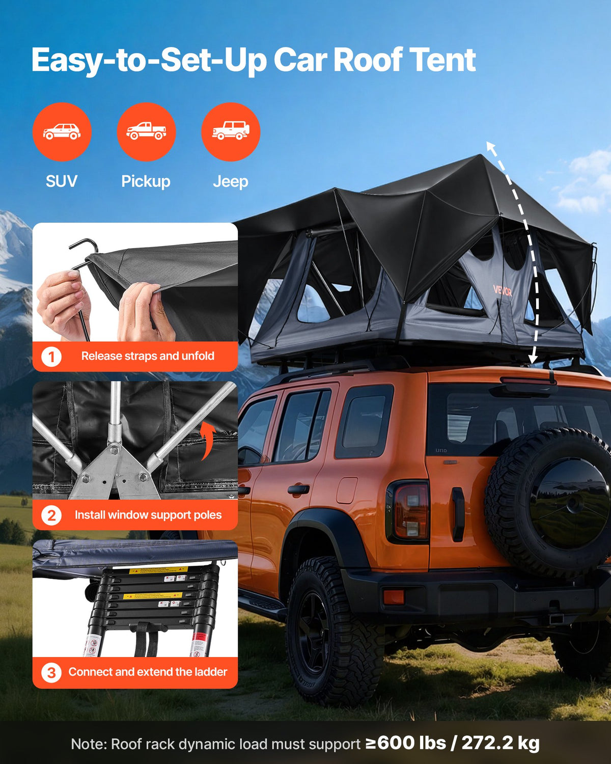 VEVOR Rooftop Tent, 2-3 Person Foldable Aluminum Roof Top Tent with Tri-Color LED Light, Thick Mattress & 10 Windows, Waterproof Windproof Overland Camping Car Roof Rack Suitable for Jeep SUV Pickup
