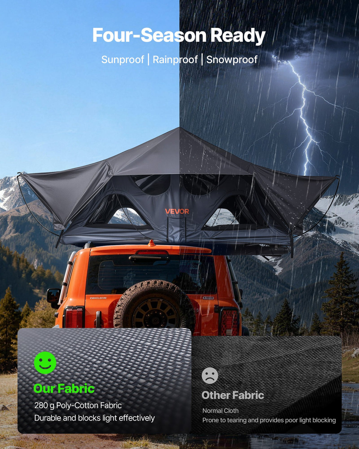 VEVOR Rooftop Tent, 2-3 Person Foldable Aluminum Roof Top Tent with Tri-Color LED Light, Thick Mattress & 10 Windows, Waterproof Windproof Overland Camping Car Roof Rack Suitable for Jeep SUV Pickup