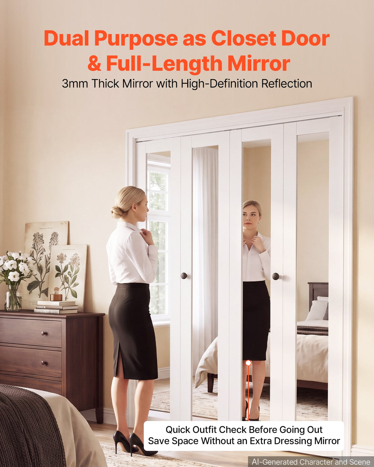 VEVOR Bifold Closet Door 4-Panel, 1219 mm (Four 305 mm) x 2032 mm, Full-Length Mirrored Bifold Barn Door with Metal Hardware Kit & Sturdy Composite Frame, Modern Stylish & Space-Saving for Bedrooms