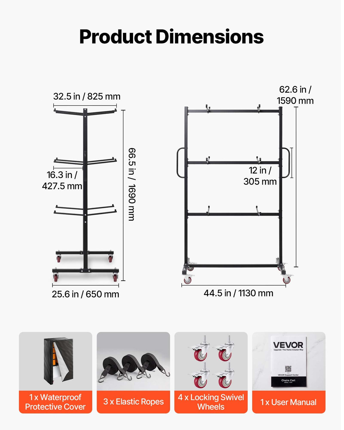 VEVOR Folding Table and Chair Rack Cart 181.5 kg Holds 24 Chairs & 6 Tables, for Large Event, Heavy-Duty Carbon Steel, Easy to Move, Storage Dolly, with Swivel Casters Locking Wheels, Waterproof Cover