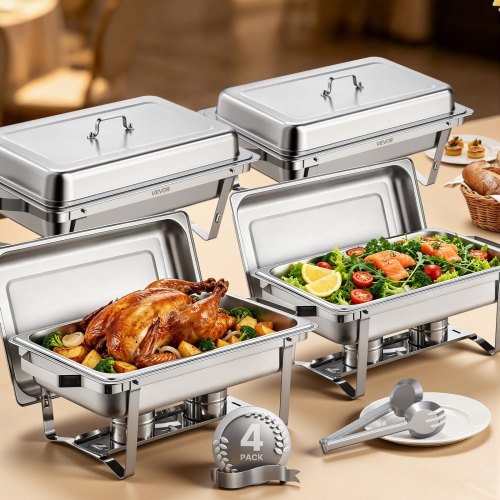 VEVOR Chafing Dish Buffet Set, 8 Qt 4 Pack, Stainless Steel Chafer with 4 Full Size Pans, Rectangle Catering Warmer Server with Lid Water Pan Stand Fuel Holder, for Weddings Parties Banquets, Silver