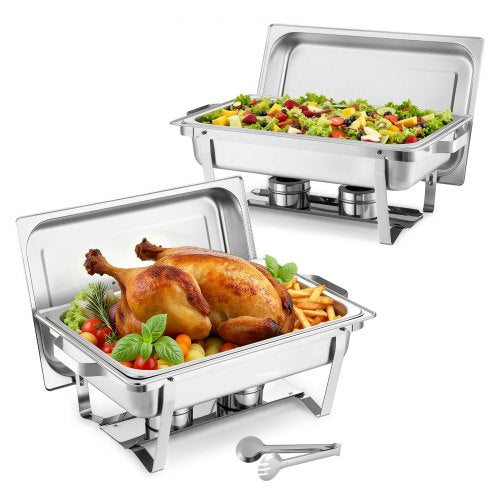 VEVOR Rectangle Chafing Dish, 8.5L 2 Pack Stainless Steel Chafing Dish, Food Warmer Chafer Complete Set with Hollow Handle, 1 Food Tongs, Lid, Fuel Holder, Chafer Dishes for Banquet Party Wedding