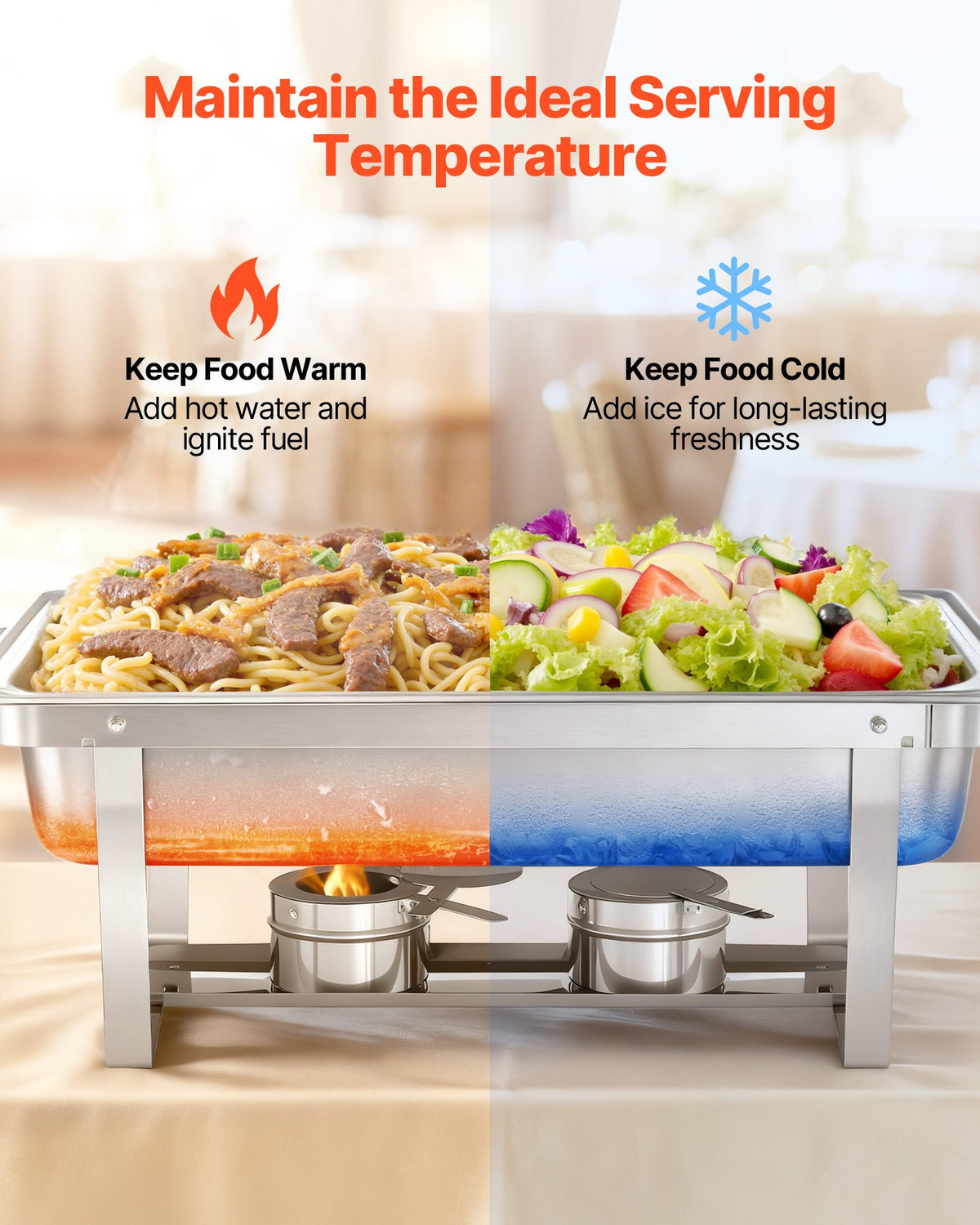 VEVOR Rectangle Chafing Dish, 8.5L 2 Pack Stainless Steel Chafing Dish, Food Warmer Chafer Complete Set with Hollow Handle, 1 Food Tongs, Lid, Fuel Holder, Chafer Dishes for Banquet Party Wedding
