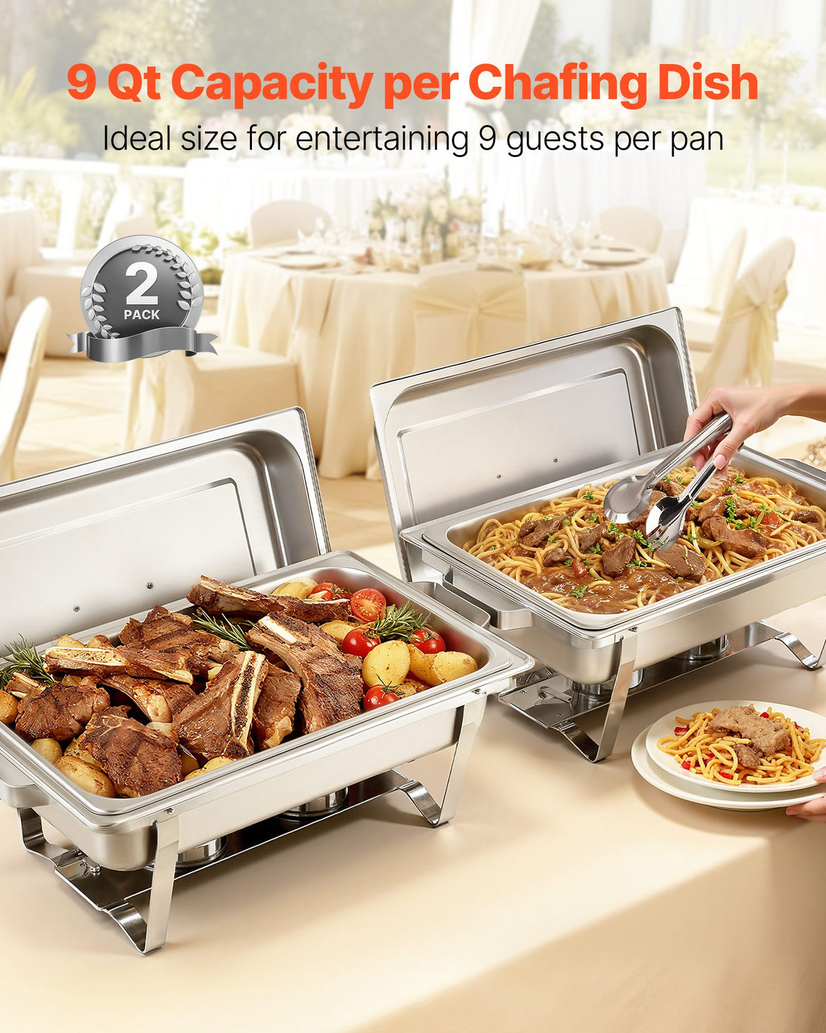 VEVOR Rectangle Chafing Dish, 8.5L 2 Pack Stainless Steel Chafing Dish, Food Warmer Chafer Complete Set with Hollow Handle, 1 Food Tongs, Lid, Fuel Holder, Chafer Dishes for Banquet Party Wedding