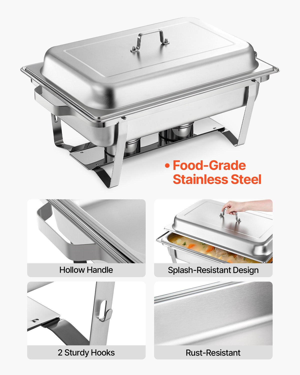 VEVOR Rectangle Chafing Dish, 8.5L 2 Pack Stainless Steel Chafing Dish, Food Warmer Chafer Complete Set with Hollow Handle, 1 Food Tongs, Lid, Fuel Holder, Chafer Dishes for Banquet Party Wedding