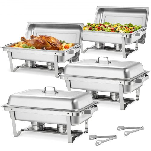 VEVOR Rectangle Chafing Dish, 9 Qt 4 Pack Stainless Steel Chafing Dish, Food Warmer Chafer Complete Set with Hollow Handle, 2 Food Tongs, Lid, Canister Holder, Chafer Dishes for Banquet Party Wedding