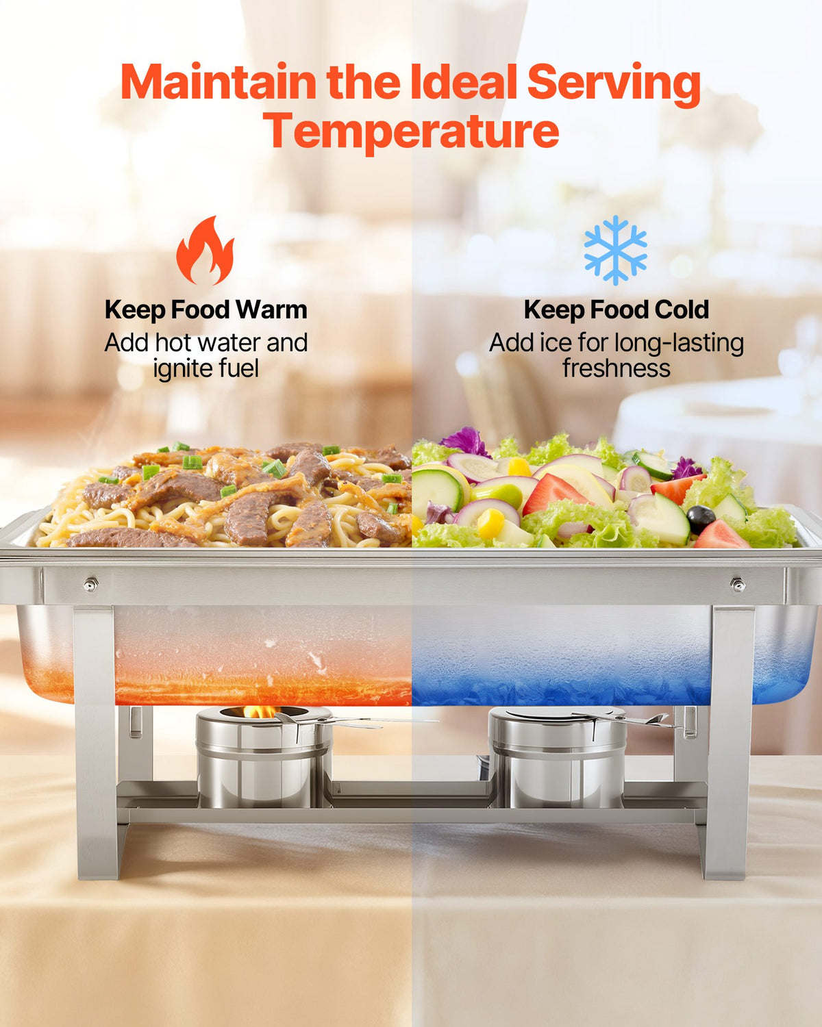 VEVOR Rectangle Chafing Dish, 9 Qt 4 Pack Stainless Steel Chafing Dish, Food Warmer Chafer Complete Set with Hollow Handle, 2 Food Tongs, Lid, Canister Holder, Chafer Dishes for Banquet Party Wedding