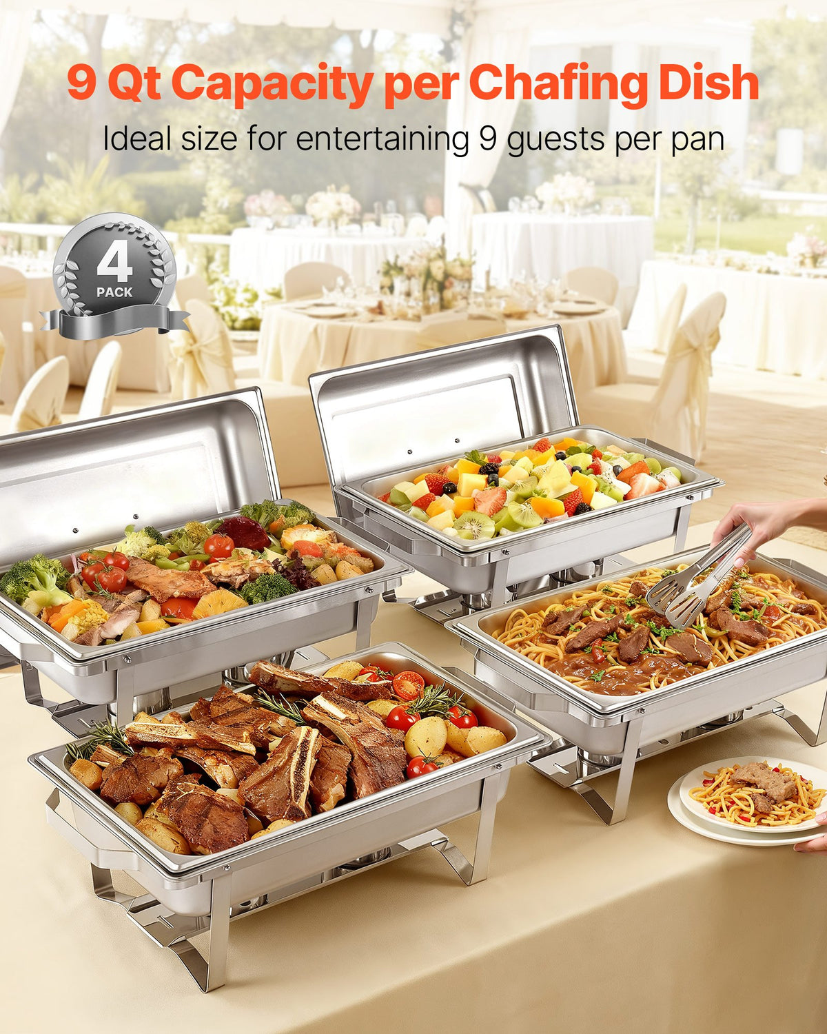 VEVOR Rectangle Chafing Dish, 9 Qt 4 Pack Stainless Steel Chafing Dish, Food Warmer Chafer Complete Set with Hollow Handle, 2 Food Tongs, Lid, Canister Holder, Chafer Dishes for Banquet Party Wedding